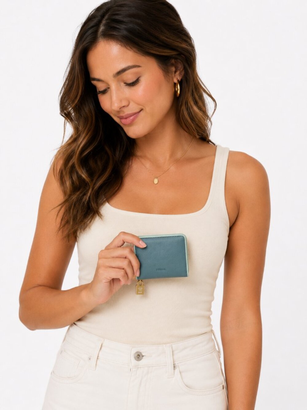 Fossil Emma Mini Wallet Arctic Mist RFID Leather Snap Wallet Green Blue